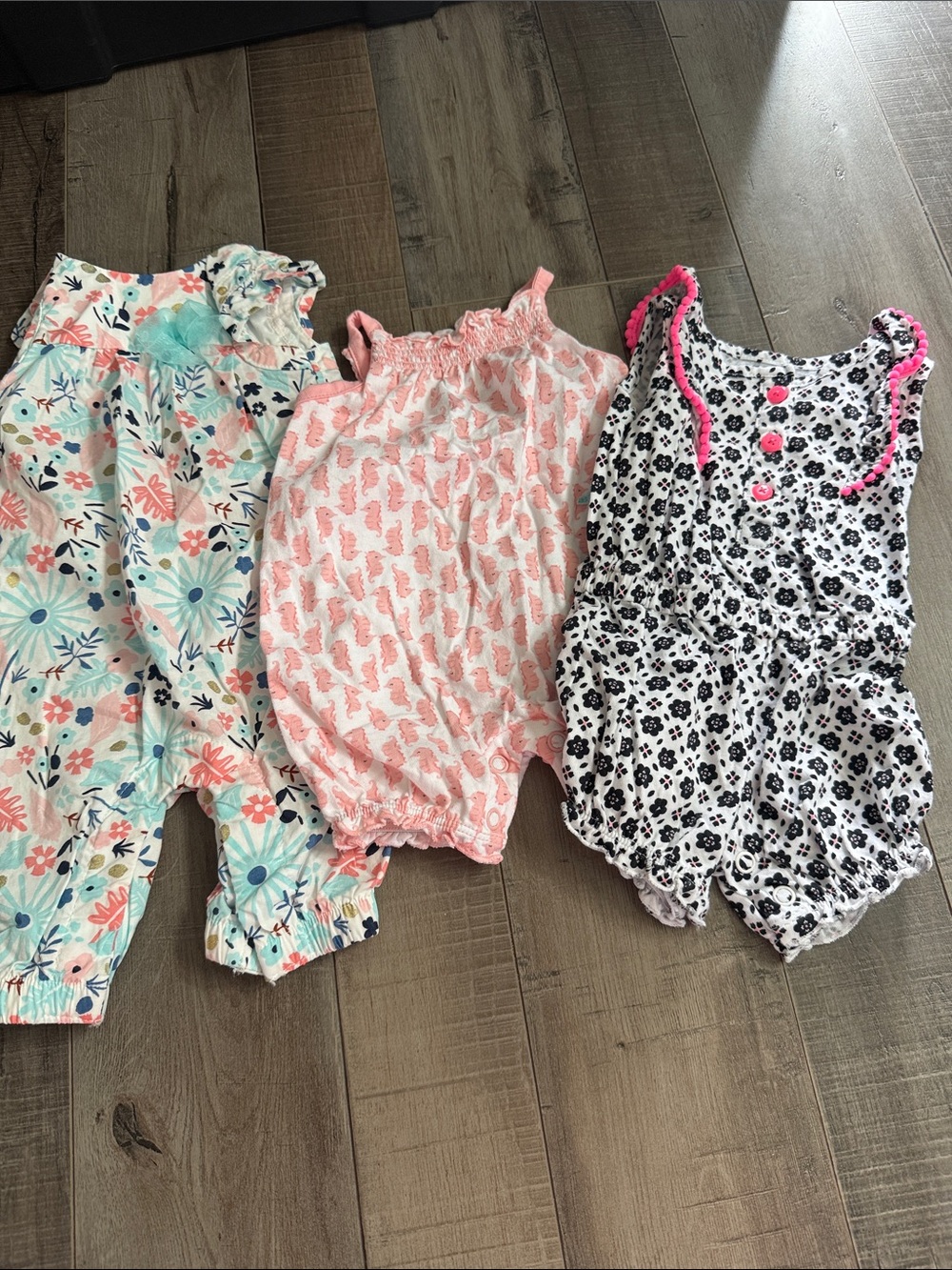 Carter's Girls Floral, Coral & Black White Patterned Rompers - 3 Pack
